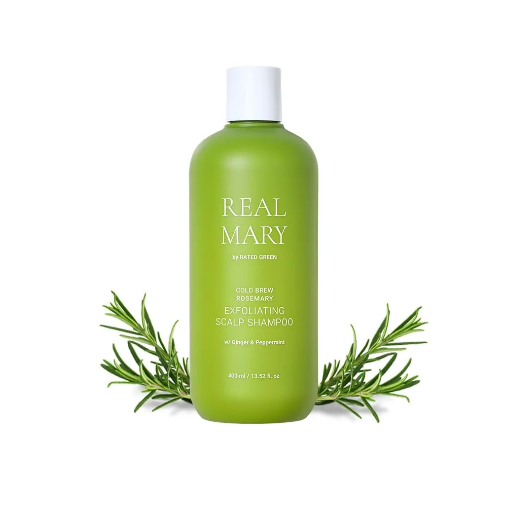 RATED GREEN Real Mary Exfoliating Dry Scalp Shampoo, 13.52 fl oz - Organic Rosemary Hair for Itchy , Gentle Scalp Moisturizer, with Ginger & Peppermint Oil