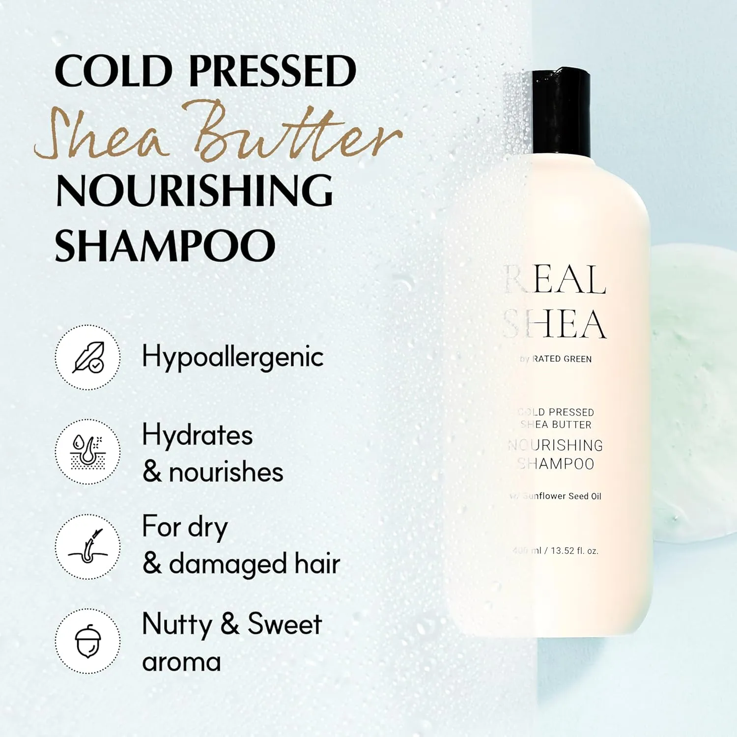 RATED GREEN REAL SHEA Nourishing Shampoo | Sunflower Oil-Infused, Moisturizing Shampoo for Dry, Damaged Hair | Preservative & Chemical Free | Moist-Boosting 13.52 Fl Oz