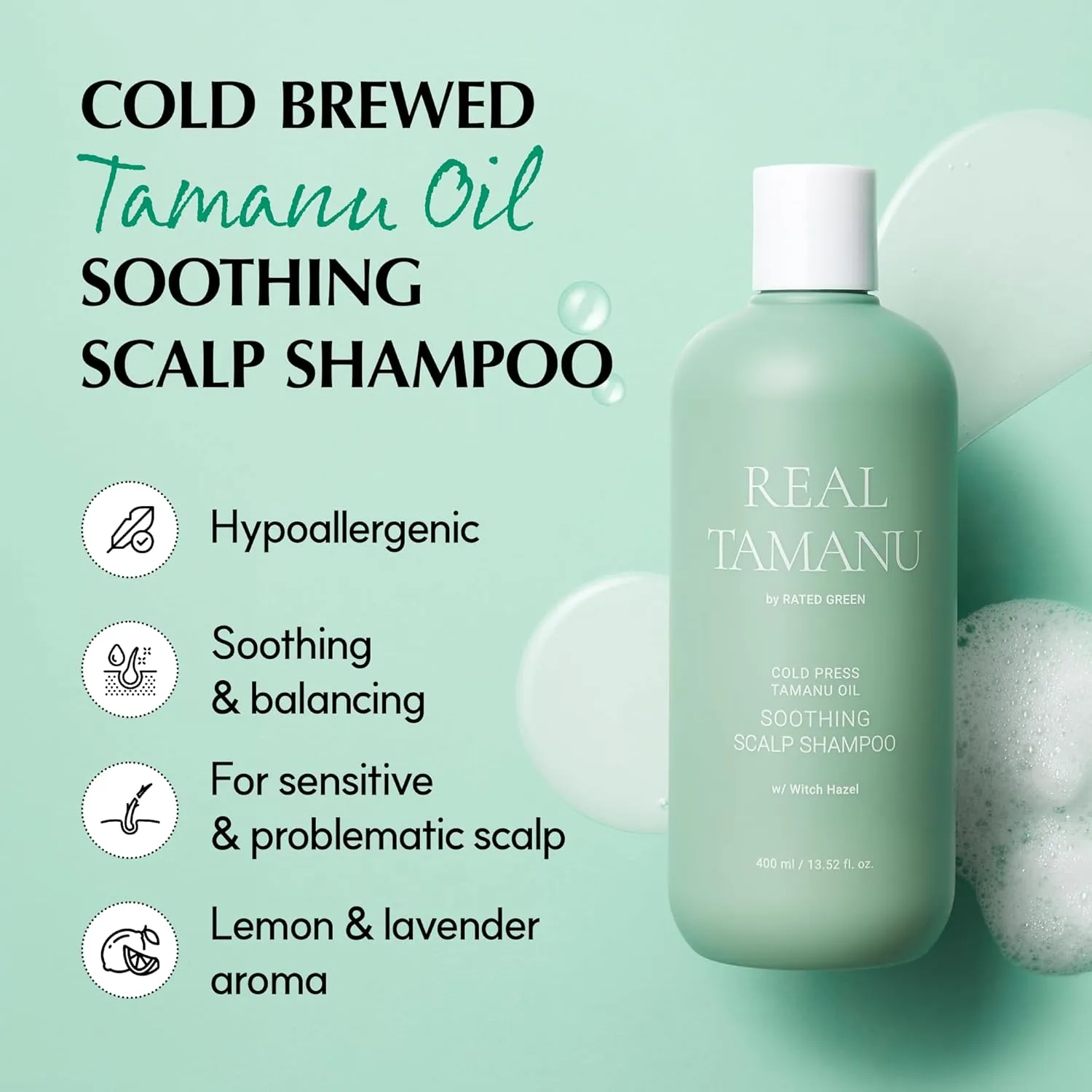 RATED GREEN REAL TAMANU Soothing Shampoo | Scalp Relief & Nourishing for Troubled, Itchy & Dry Scalp | Organic Cold Pressed Tamanu Oil Shampoo (13.52 Fl Oz)