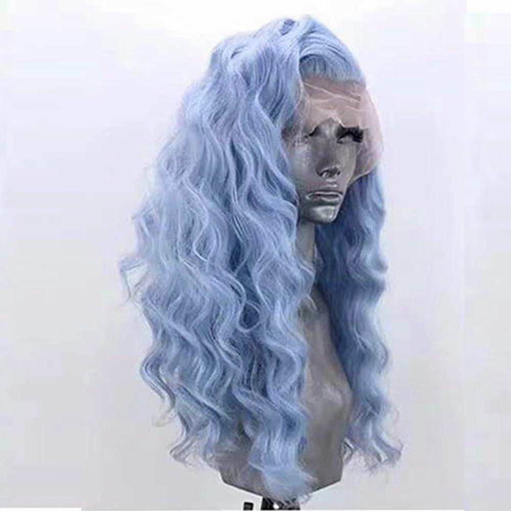 RDY Light Blue Lace Front Synthetic Wig for Women 24inches Loose Body Wave Lace Frontal Long Wavy Heat Fiber Hair Half Hand Tied Wig Cosplay Daily Use Hair