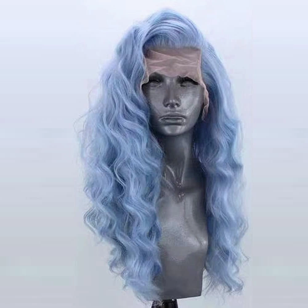 RDY Light Blue Lace Front Synthetic Wig for Women 24inches Loose Body Wave Lace Frontal Long Wavy Heat Fiber Hair Half Hand Tied Wig Cosplay Daily Use Hair