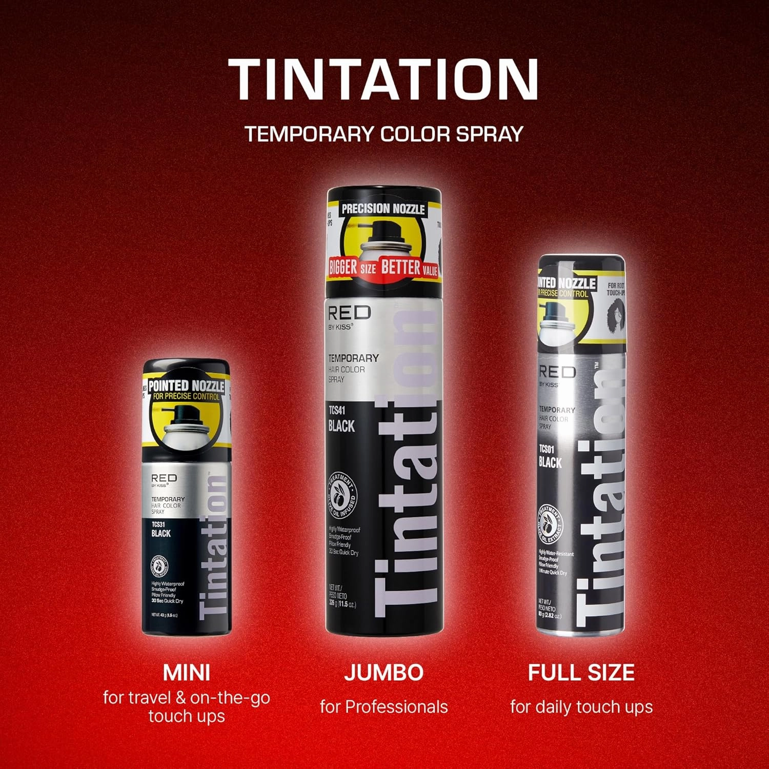 RED by Kiss Tintation Temporary Hair Color Spray, Extra Large Size, Instant Gray Root Cover Up, Water-Resistant, Smudge-Proof, Hairline & Barber Touch-Up, Quick Dry (Black, 11.5 OZ)