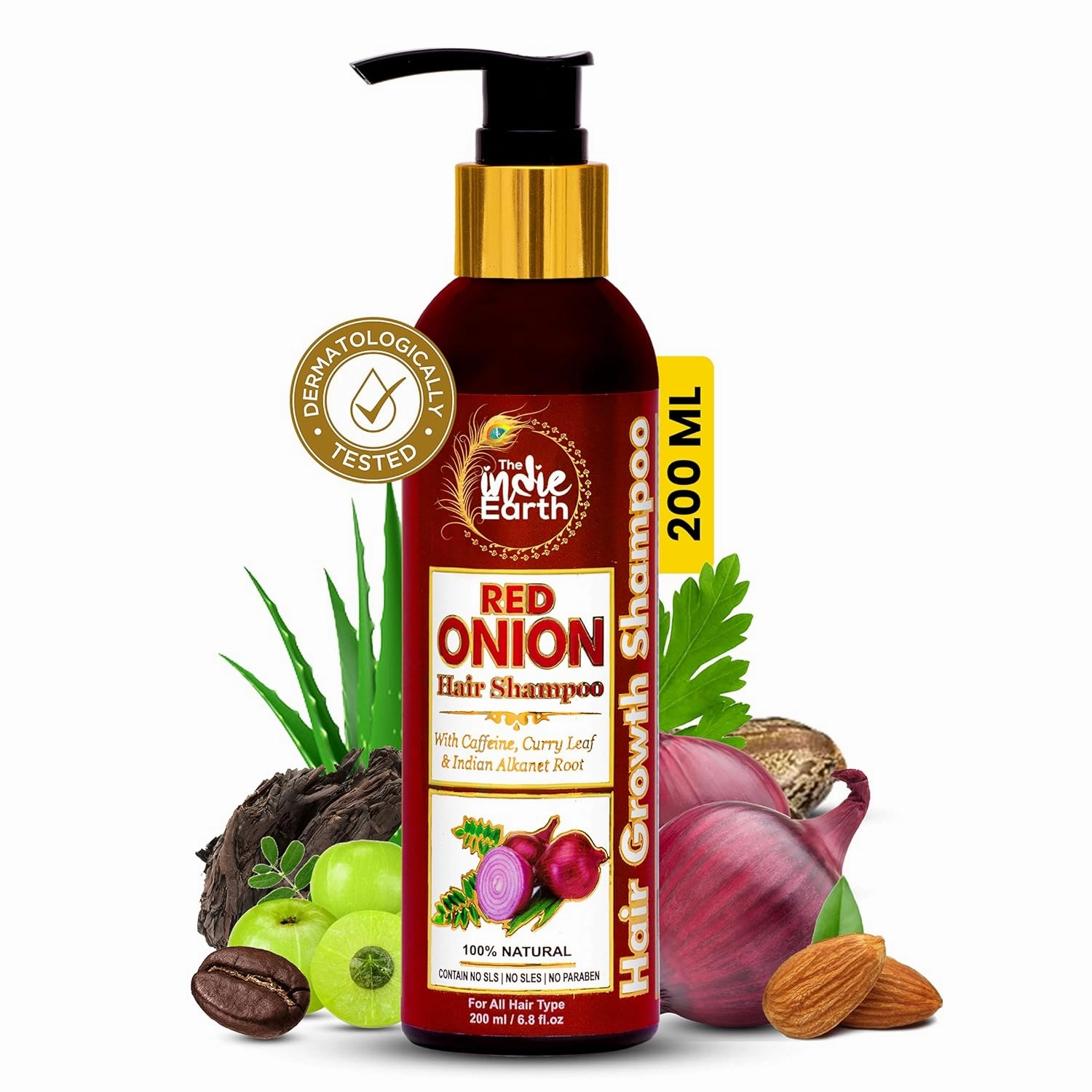 Red Onion Shampoo with Caffeine, Curry Leaf, and Indian Alkanet Root – Advanced Formula for Hair Fall Control, Split Ends Repair, and Dandruff Reduction – Gentle & Chemical-Free – 200ml