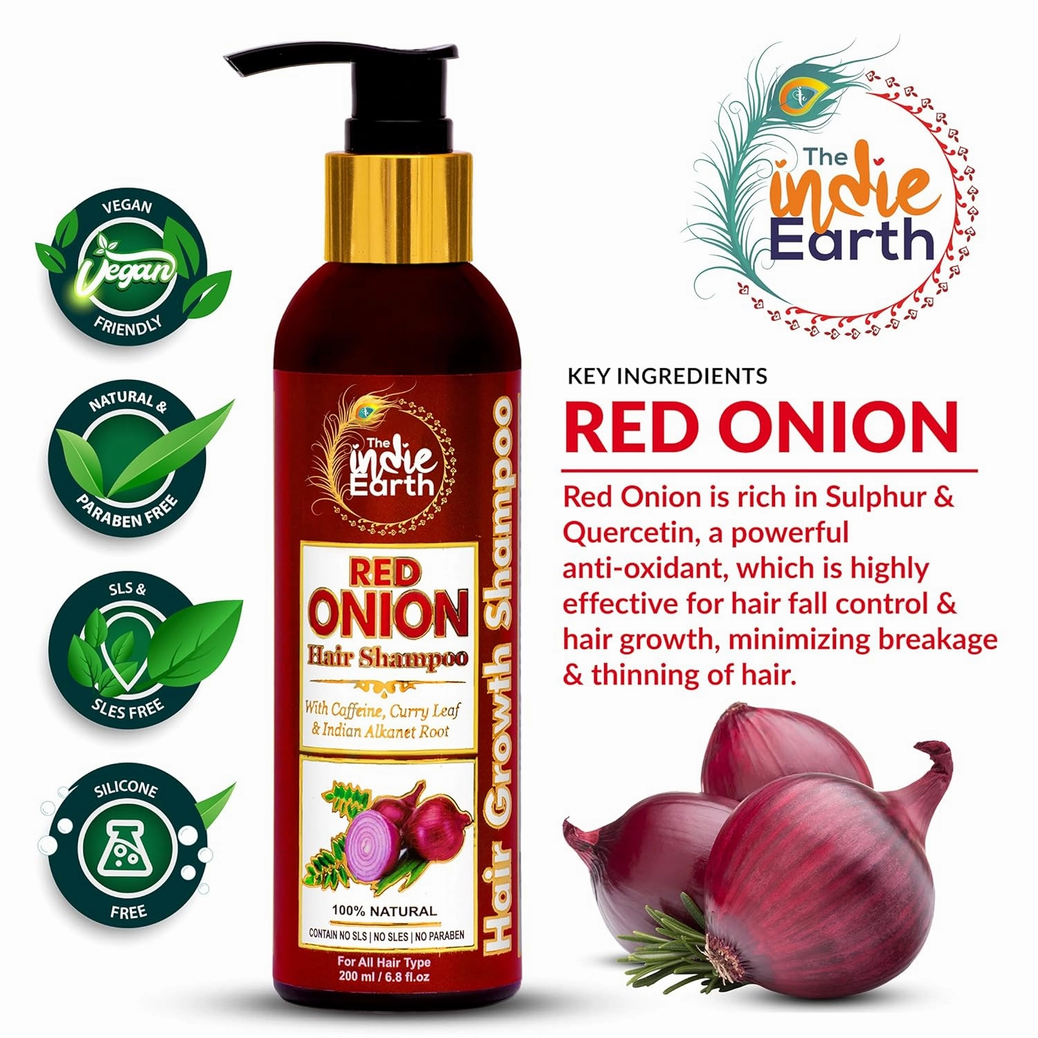 Red Onion Shampoo with Caffeine, Curry Leaf, and Indian Alkanet Root – Advanced Formula for Hair Fall Control, Split Ends Repair, and Dandruff Reduction – Gentle & Chemical-Free – 200ml