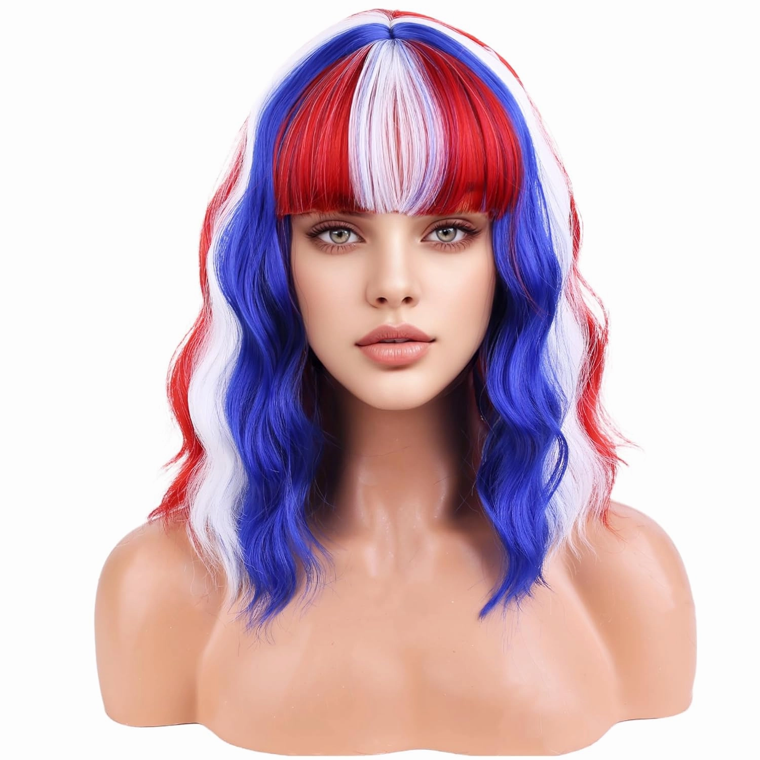 Red White Blue Wigs for Women Girls American Flag Wig 4th of July wigs Short Curly Wavy Wigs With Bangs Fourth of July Party Wig（Fourth of July Party Wigs）