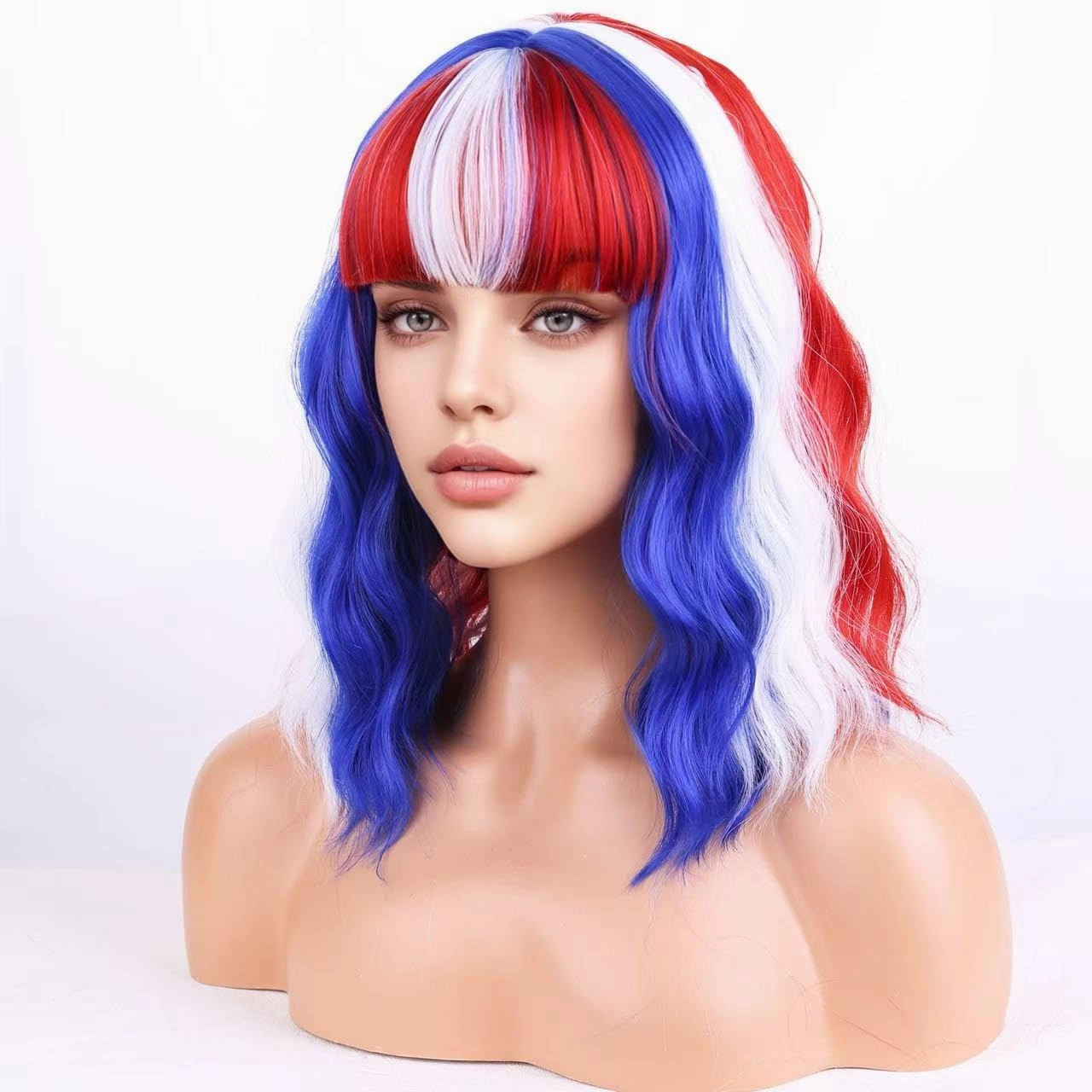 Red White Blue Wigs for Women Girls American Flag Wig 4th of July wigs Short Curly Wavy Wigs With Bangs Fourth of July Party Wig（Fourth of July Party Wigs）