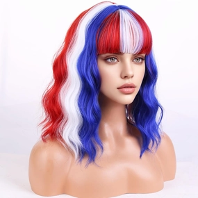Red White Blue Wigs for Women Girls American Flag Wig 4th of July wigs Short Curly Wavy Wigs With Bangs Fourth of July Party Wig（Fourth of July Party Wigs）