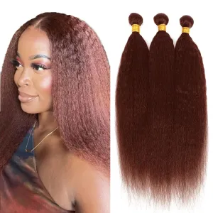 Reddish Brown Kinky Straight Bundles Human Hair Auburn Yaki Straight Bundles 14 16 18 inch Double Weft Color 33 Human Hair Weave Brazilian Virgin Yaki Remy Hair Extensions
