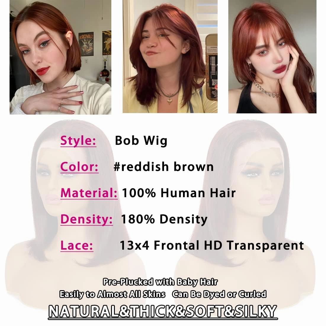 Reddish Brown Short Bob Wig Human Hair Glueless Wigs Human Hair Pre Plucked 10inch Reddish Brown Lace Front Wigs Human Hair Straight Lace Front Bob Wig 13x4 Lace Frontal Wig Human Hair 180% Density