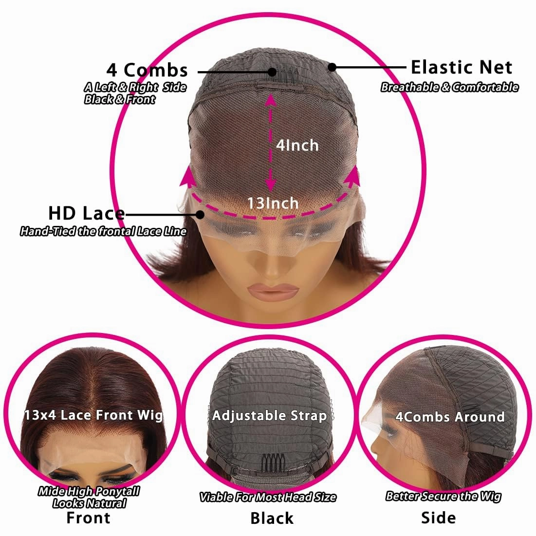 Reddish Brown Short Bob Wig Human Hair Glueless Wigs Human Hair Pre Plucked 10inch Reddish Brown Lace Front Wigs Human Hair Straight Lace Front Bob Wig 13x4 Lace Frontal Wig Human Hair 180% Density