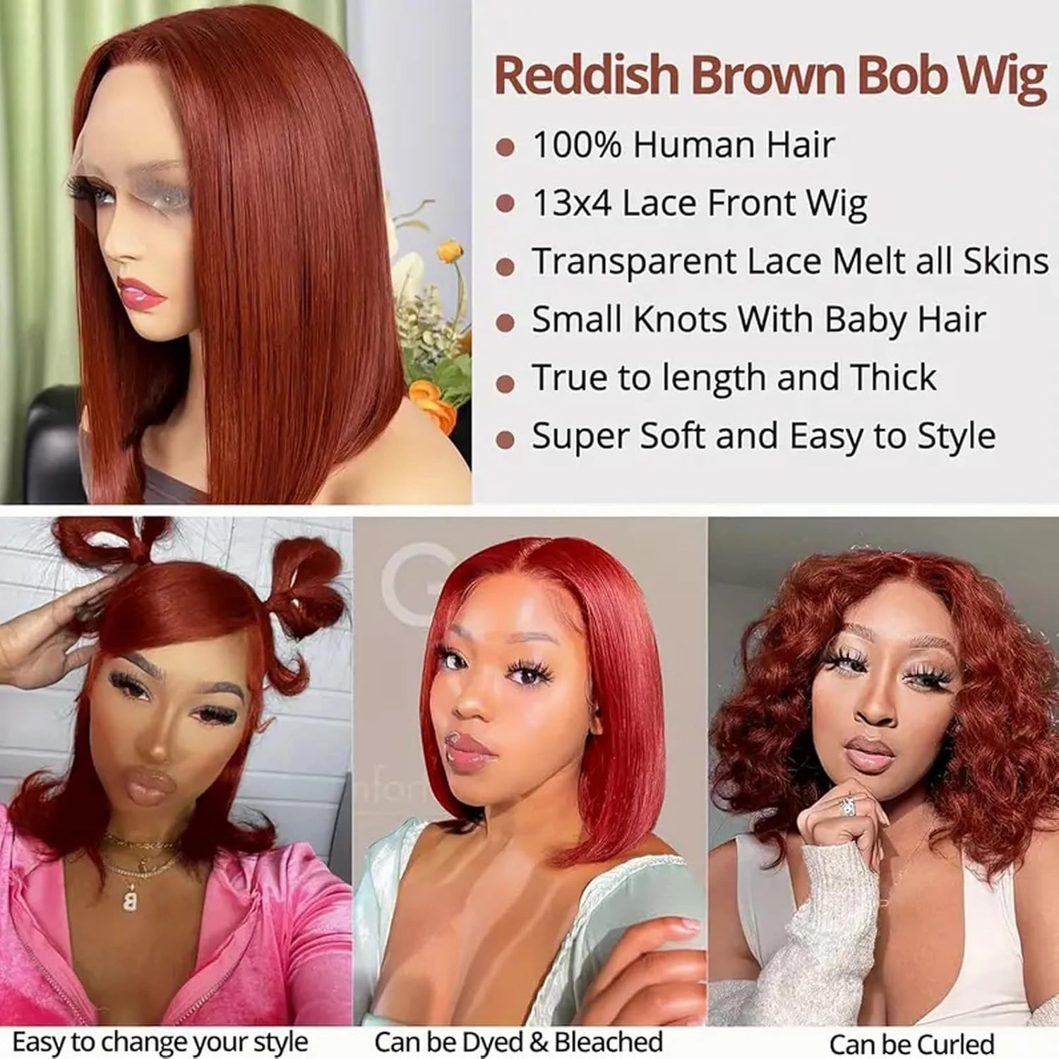 Reddish Brown Short Bob Wig Human Hair Glueless Wigs Human Hair Pre Plucked 10inch Reddish Brown Lace Front Wigs Human Hair Straight Lace Front Bob Wig 13x4 Lace Frontal Wig Human Hair 180% Density