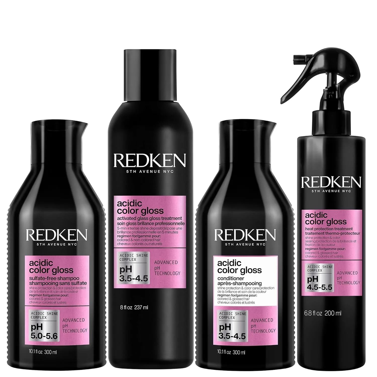 Redken Acidic Color Gloss Shampoo, Treatment, Conditioner & Heat Protectant Set For Color-Treated Color - Extends Intense Shine and Protects Against Heat With Citric Acid & Apricot Oil