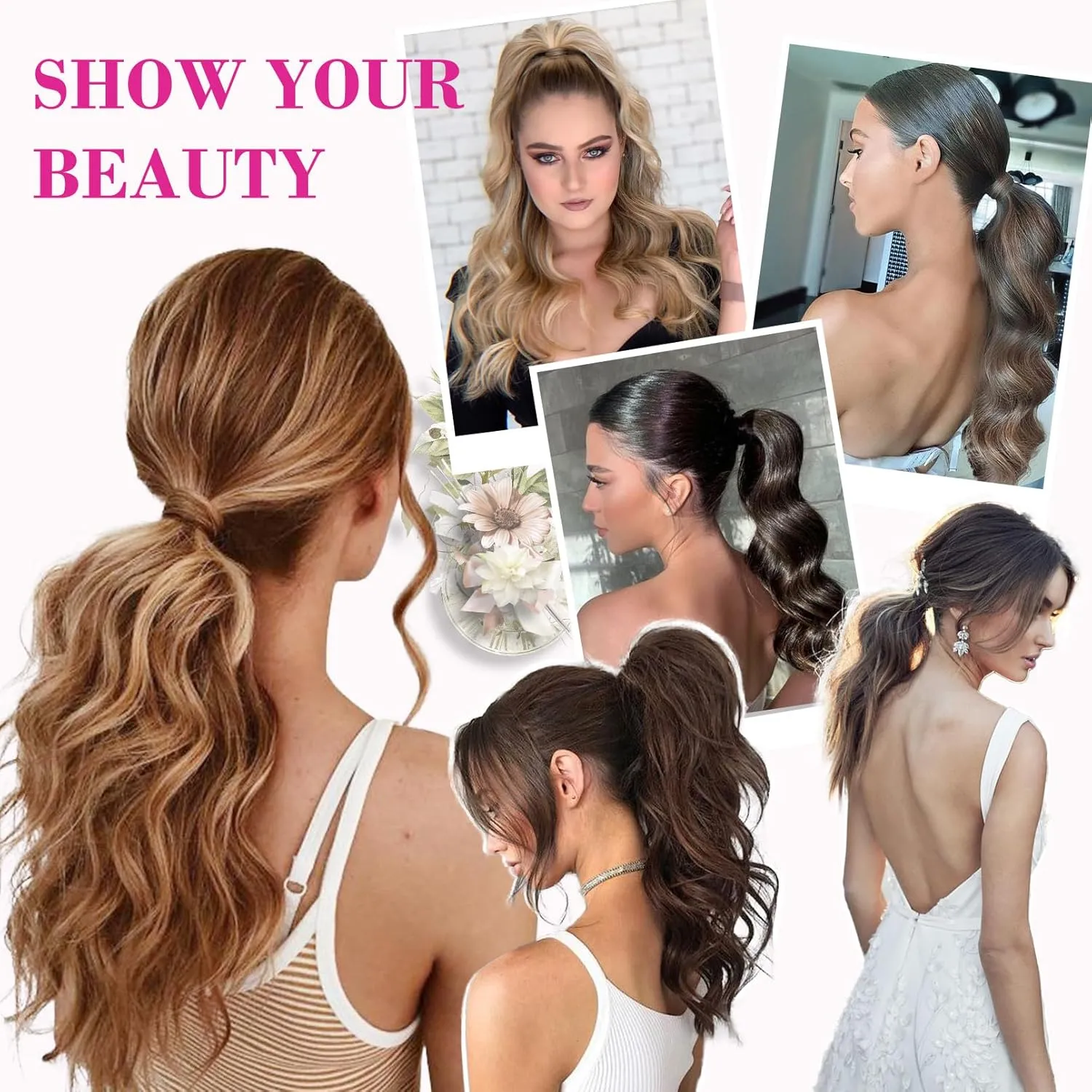 REECHO 14" Ponytail Extension, Short Claw Multi Layered Clip on Ponytail Extension Fake Pony Tails Natural Soft Wavy Clip in Hair Extensions Synthetic Hairpiece HP002 - Ash Blonde with Golden Ends