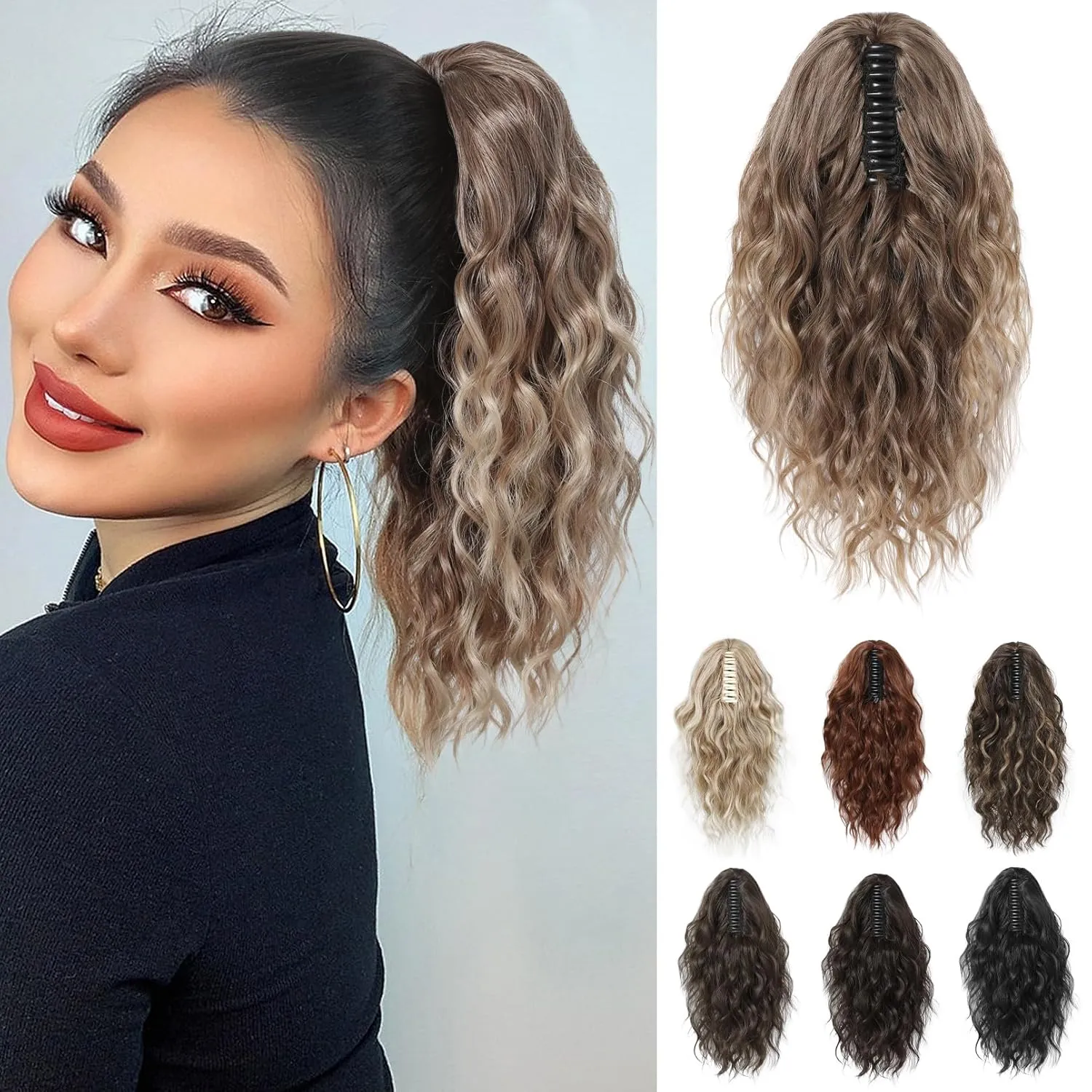 REECHO 14" Ponytail Extension, Short Claw Multi Layered Clip on Ponytail Extension Fake Pony Tails Natural Soft Wavy Clip in Hair Extensions Synthetic Hairpiece HP002 - Ash Blonde with Golden Ends
