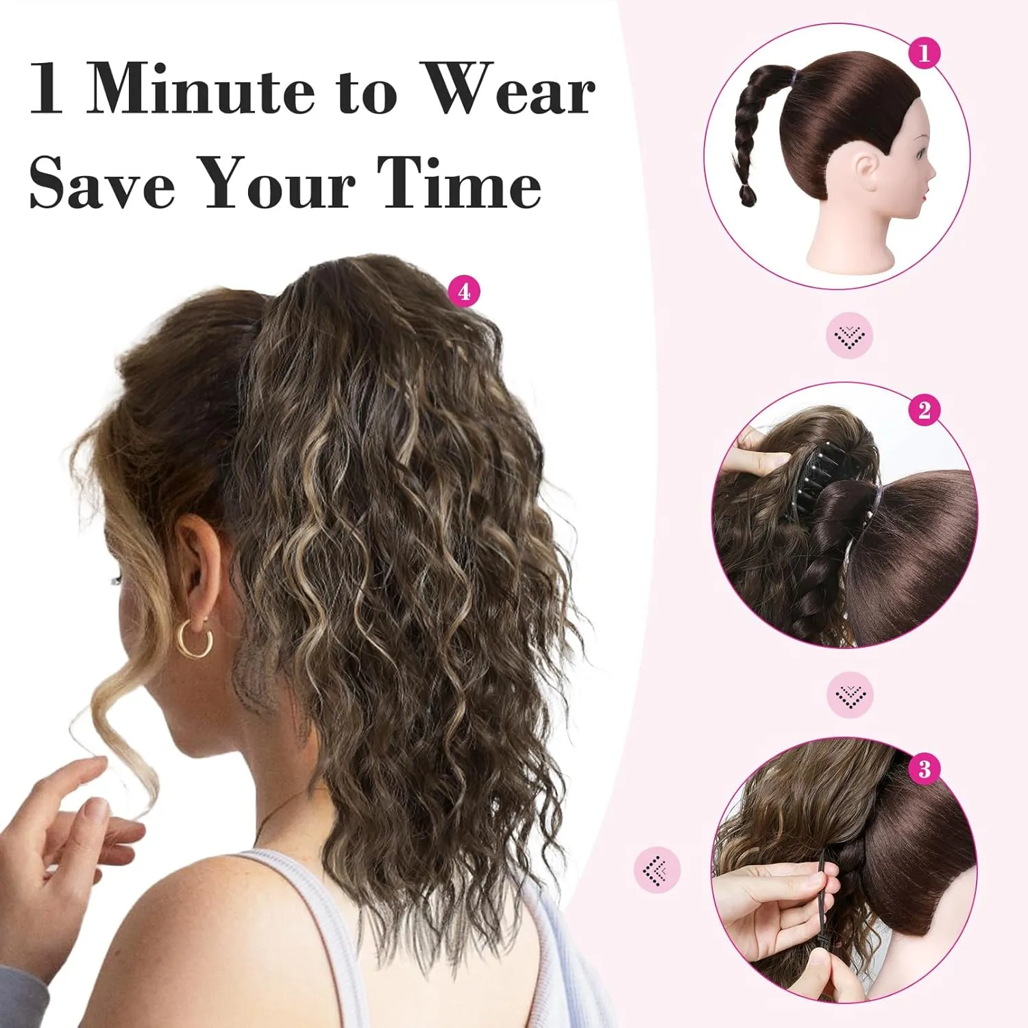 REECHO 14" Ponytail Extension, Short Claw Multi Layered Clip on Ponytail Extension Fake Pony Tails Natural Soft Wavy Clip in Hair Extensions Synthetic Hairpiece HP002 - Ash Blonde with Golden Ends
