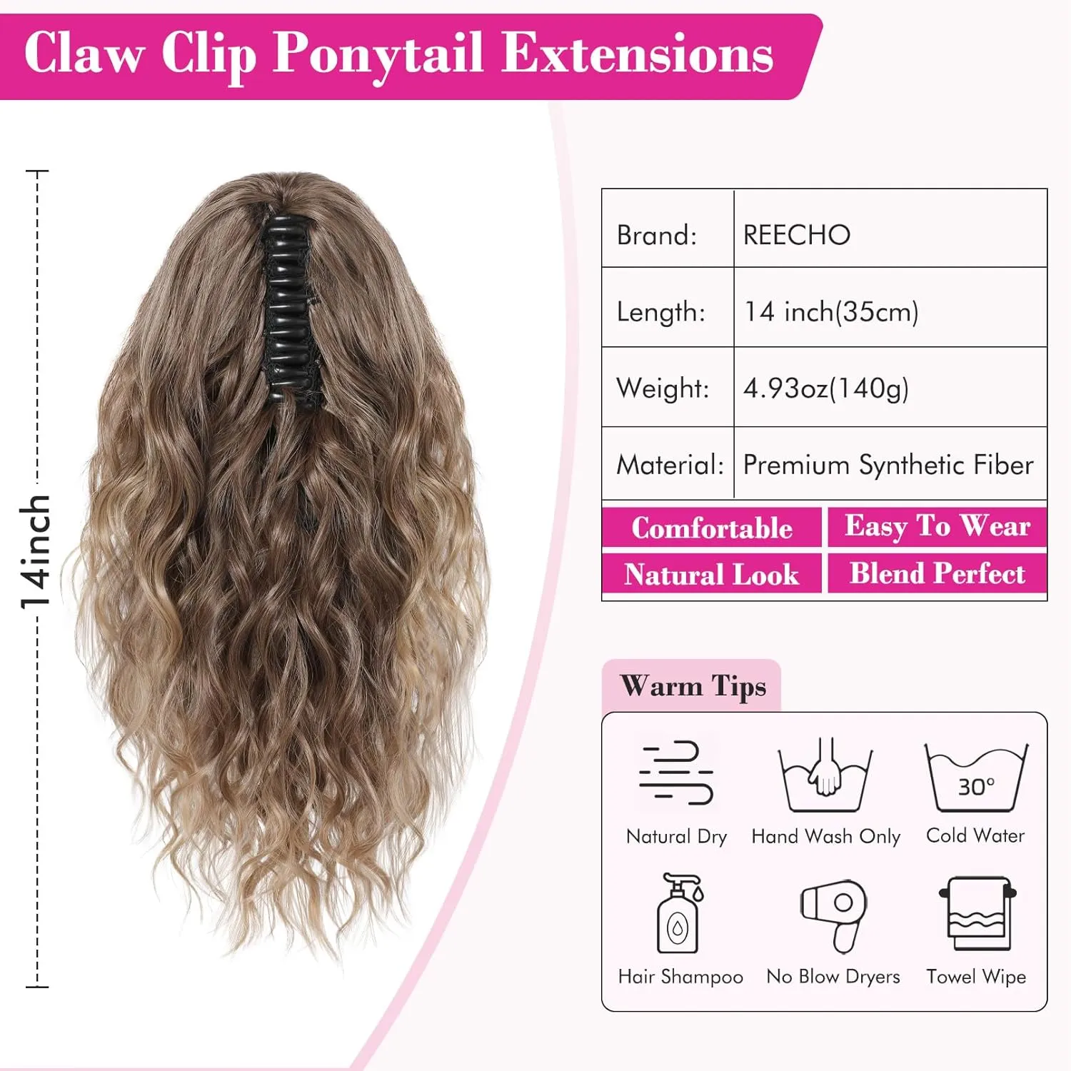 REECHO 14" Ponytail Extension, Short Claw Multi Layered Clip on Ponytail Extension Fake Pony Tails Natural Soft Wavy Clip in Hair Extensions Synthetic Hairpiece HP002 - Ash Blonde with Golden Ends