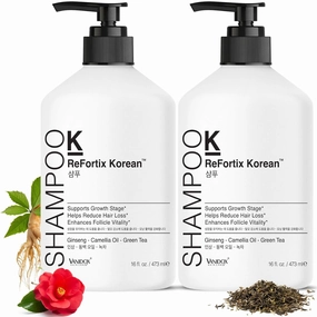 ReFortix Korean Shampoo and Conditioner Set, Enriched with Ginseng, Green Tea, and Camellia Oil, Supports Growth Stage and Helps Reduce Hair Loss for Stronger Hair (16 fl oz each)