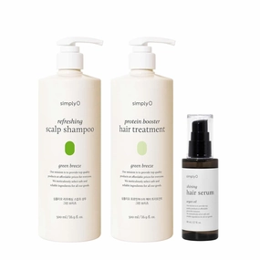 Refreshing Scalp Shampoo Green Breeze 16.9 fl oz, Shining Hair Serum 2.7 fl oz, and Protein Booster Hair Treatment 16.9 fl oz, Nourishing & Strengthening, Sulfate-Free, Vegan