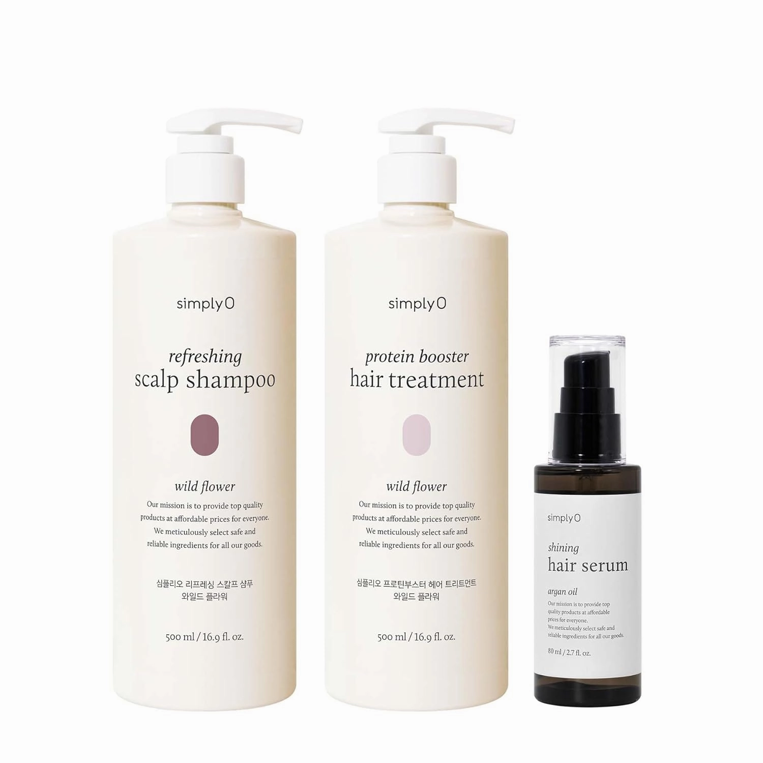 Refreshing Scalp Shampoo Wild Flower 16.9 fl oz, Shining Hair Serum 2.7 fl oz, and Protein Booster Hair Treatment 16.9 fl oz, Nourishing & Strengthening, Sulfate-Free, Vegan