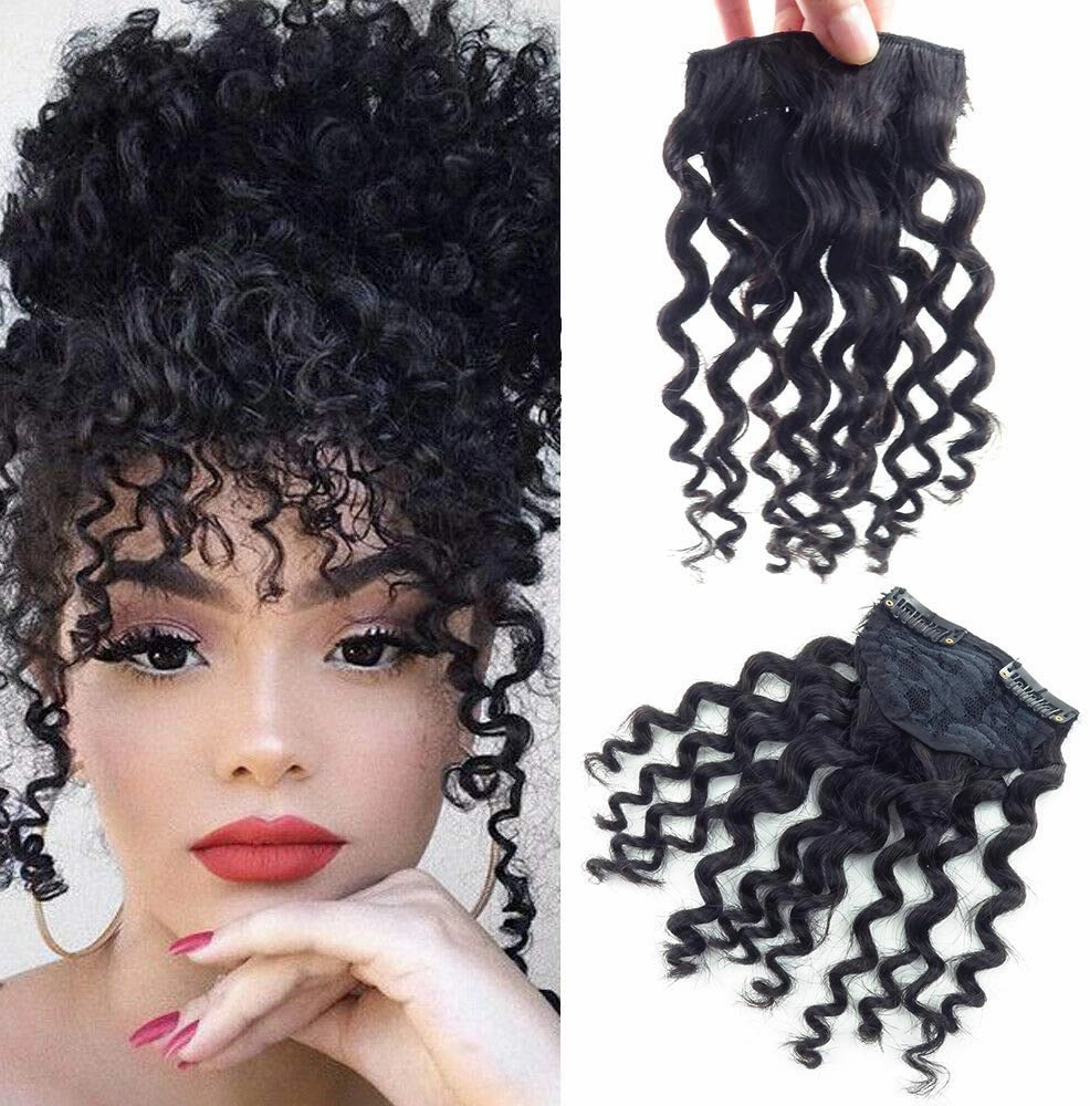 RemeeHi 8" Clip on Jerry Curly Hair Bangs Extension 23g Afro Fluffy Clip in Topper 100% Human Hair Front Fringe Hair Pieces 12# Light brown