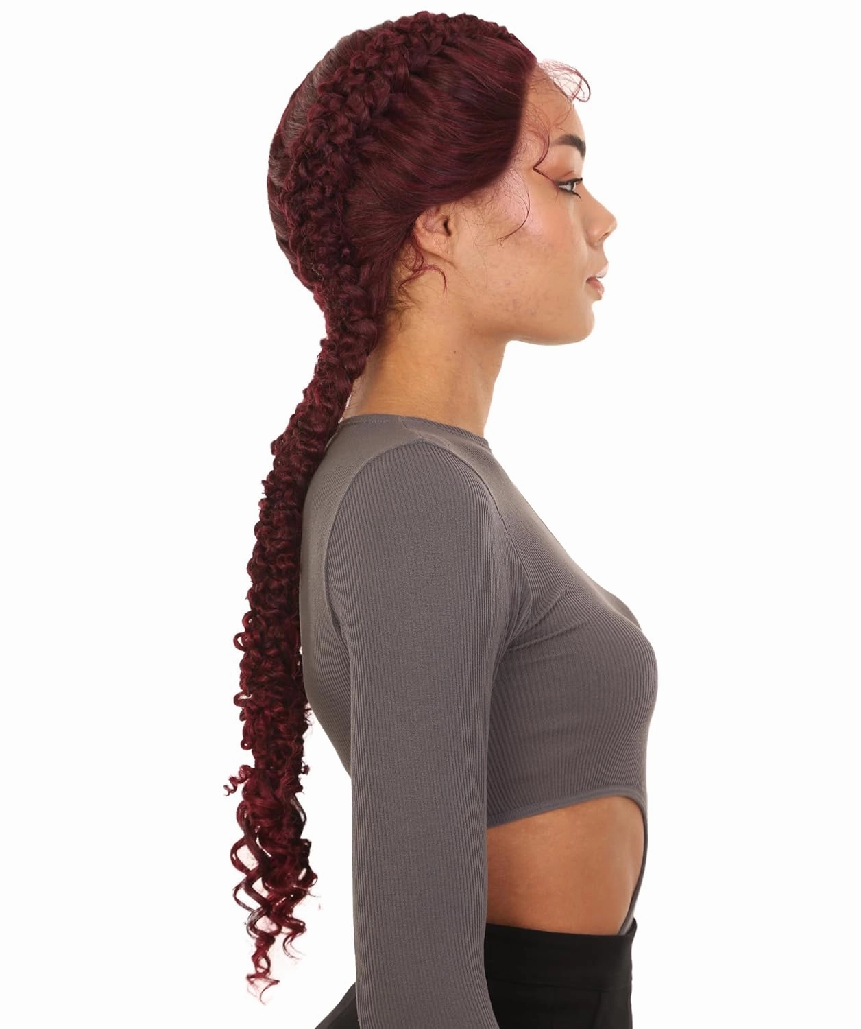 Renee 27-inches ½Lace Part French Butterfly Lace Braided Wig, Heat Resistant Fiber,Multiple Color Options BLB-0157 (Burgundy)