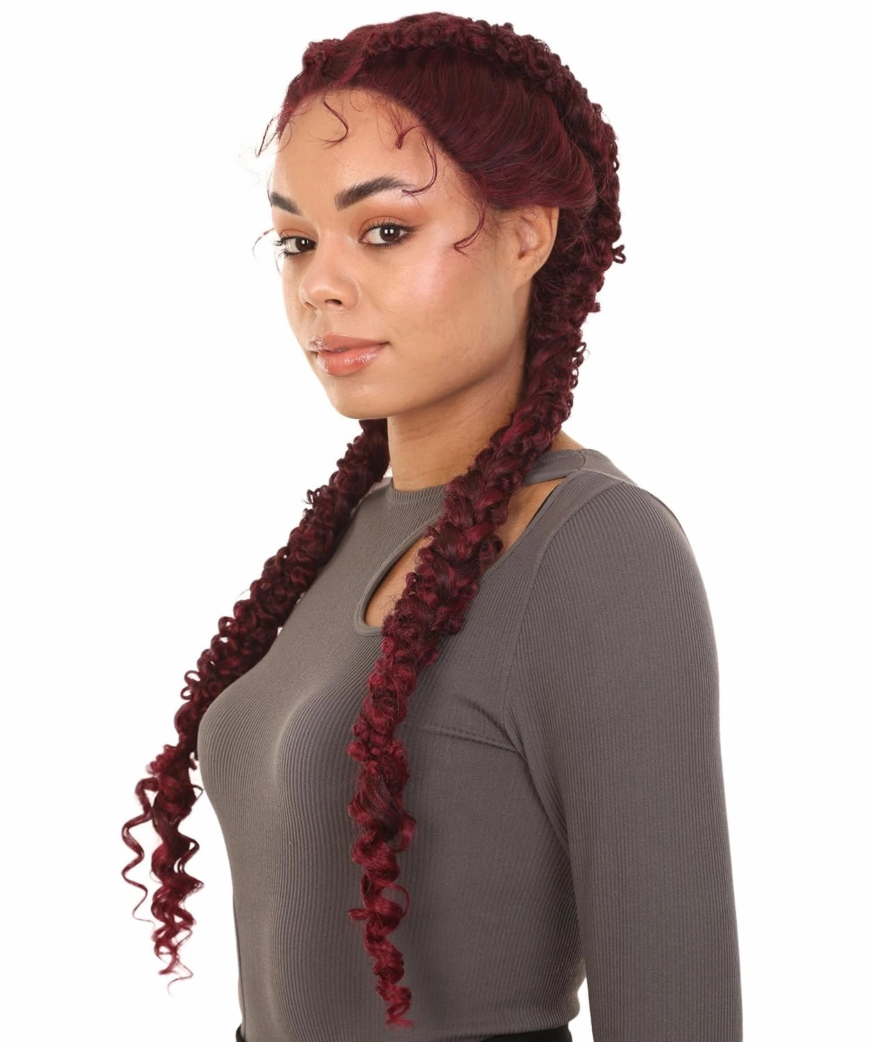 Renee 27-inches ½Lace Part French Butterfly Lace Braided Wig, Heat Resistant Fiber,Multiple Color Options BLB-0157 (Burgundy)