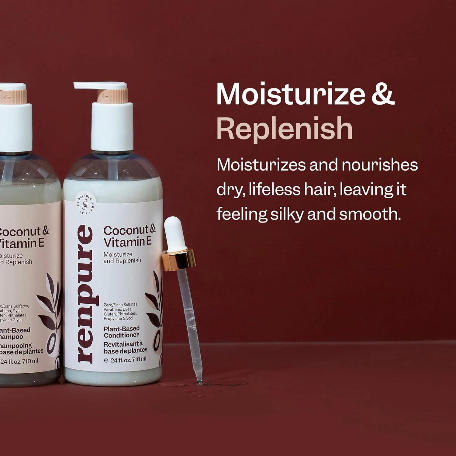 RENPURE Plant Based Coconut and Vitamin E Moisturize and Replenish Conditioner - Ideal for Dry, Lifeless Hair - Leaves Hair Silky and Smooth - Paraben Free - Recyclable, Pump Bottle Design - 24 fl oz