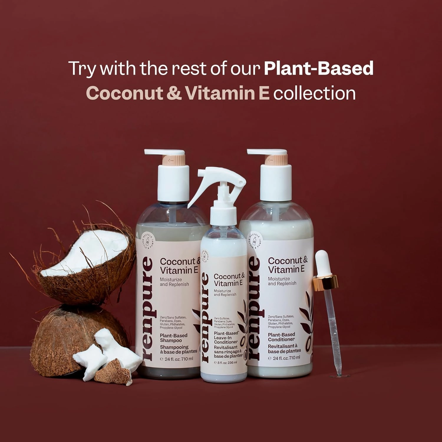 RENPURE Plant Based Coconut and Vitamin E Moisturize and Replenish Conditioner - Ideal for Dry, Lifeless Hair - Leaves Hair Silky and Smooth - Paraben Free - Recyclable, Pump Bottle Design - 24 fl oz