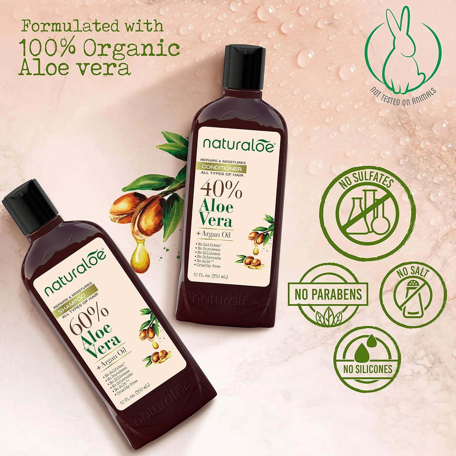 Repairs & Moistures Shampoo   Conditioner - 100% Vegan Formula Infused with Aloe Vera Gel   Argan Oil, EcoFriendly, Cruelty Free, No Parabens, No Silicones, No Sulfates - 24 fl oz