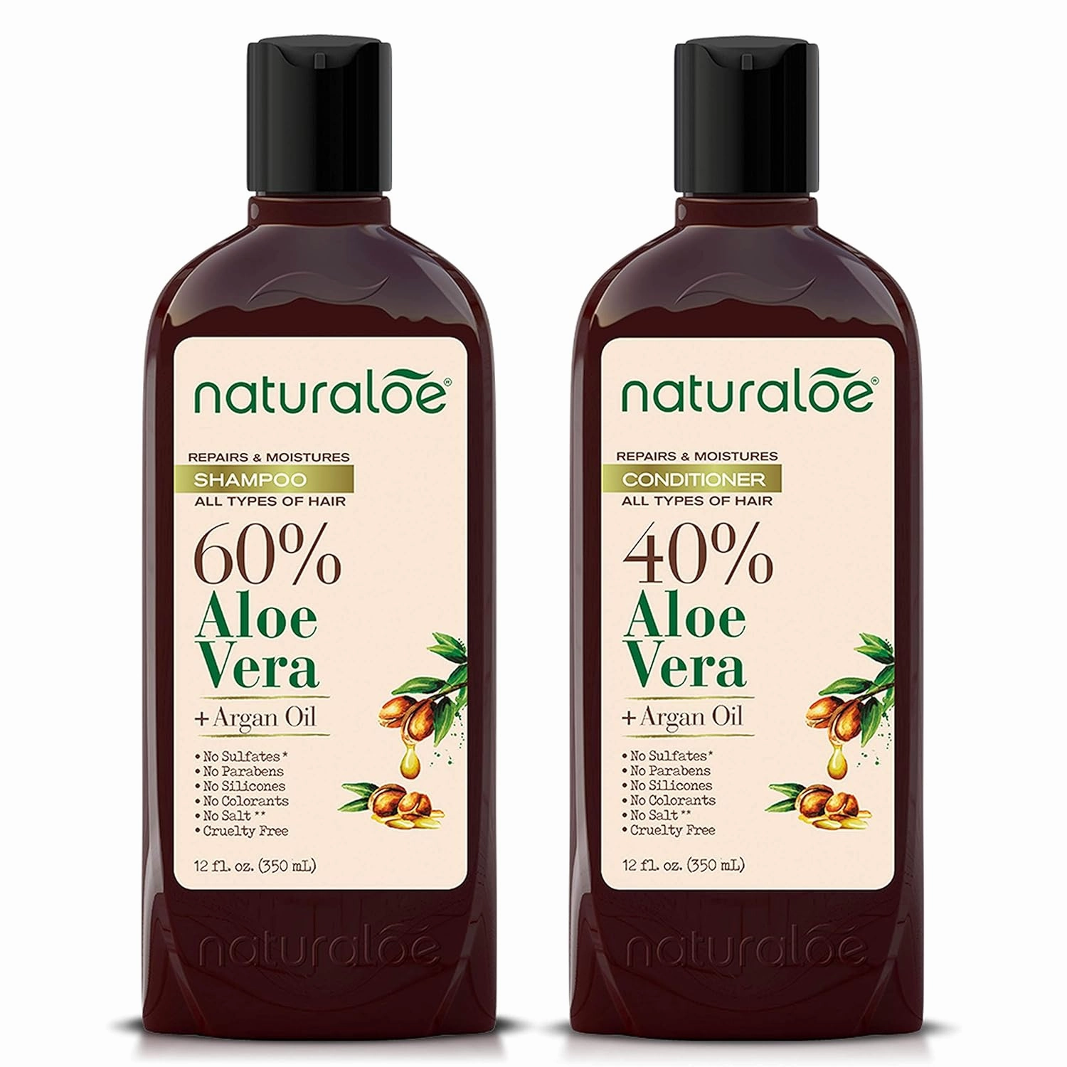 Repairs & Moistures Shampoo   Conditioner - 100% Vegan Formula Infused with Aloe Vera Gel   Argan Oil, EcoFriendly, Cruelty Free, No Parabens, No Silicones, No Sulfates - 24 fl oz