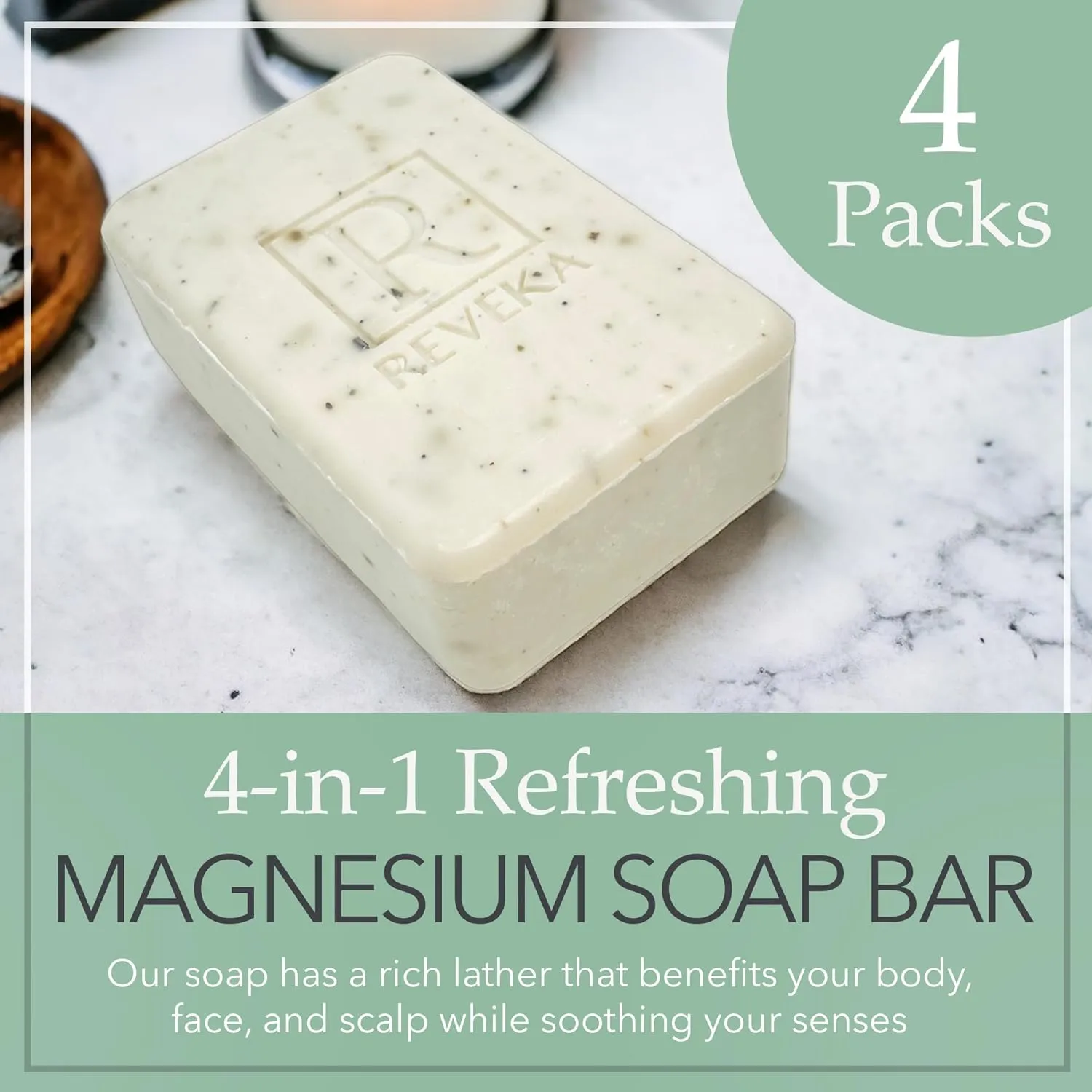 Reveka Skincare Magnesium Soap – 4-in-1 Natural Bar for Face, Body & Hair | Triple-Milled with Green Tea, Spearmint & Eucalyptus | USA-Made | 4 Pack (7 oz Each)