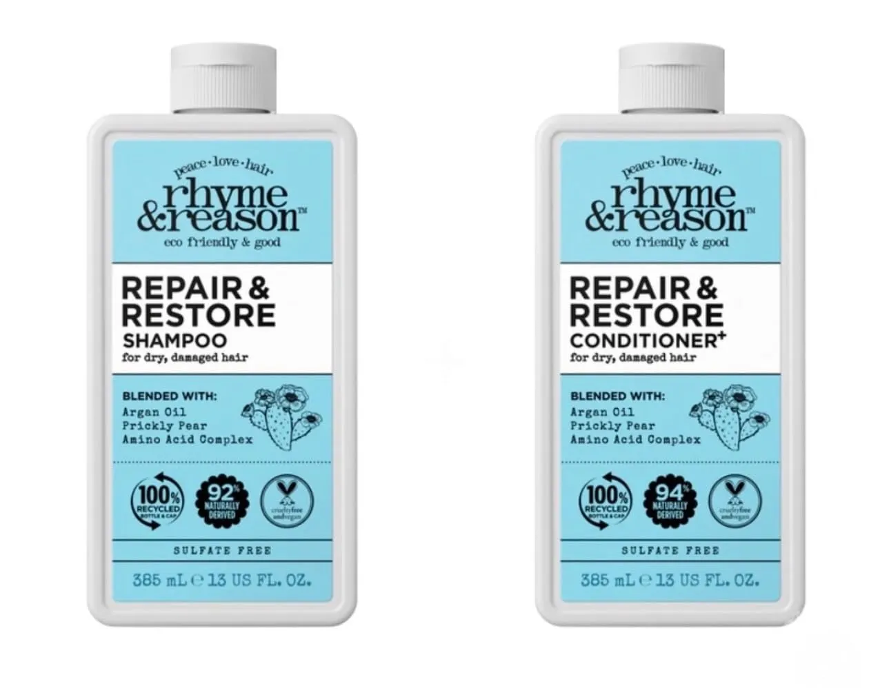 Rhyme & Reason Repair and Restore Shampoo & Conditioner Combo. 13 Fl. Oz. Each bottle. For Dry Damaged Hair. Hydrate Repair. Vegan Cruelty Free., Clear