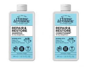 Rhyme & Reason Repair and Restore Shampoo & Conditioner Combo. 13 Fl. Oz. Each bottle. For Dry Damaged Hair. Hydrate Repair. Vegan Cruelty Free., Clear
