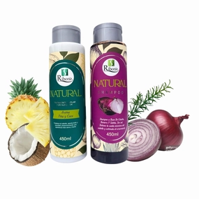 Ribon's Natural Shampoo & Hair Treatment Set – Anti-Hair Loss, Strengthening & Nourishing Formula with Onion, Rosemary & Aloe Vera – Pineapple anc Coconut Scent – 450ml Each