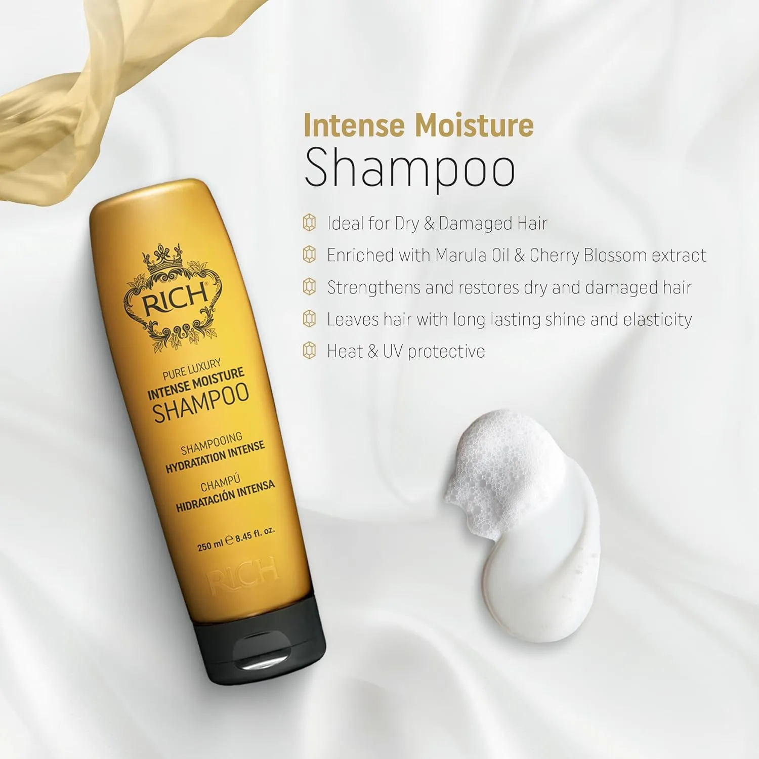 RICH Pure Luxury Intense Moisture Shampoo with Marula Oil & Cherry Blossom Extract for All Hair Types - Smoothing & Hydrating - Prevents Breakage, Heat Damage & Frizz - 25.36 Oz.