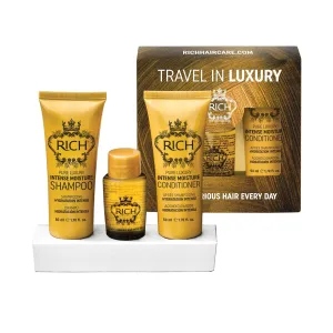 RICH Travel in Luxury Gift Set - Intense Moisture Shampoo 1.70 Fl Oz, Conditioner 1.70 Fl Oz, Argan Oil Elixir 1.0 Fl Oz for moisturzing hair