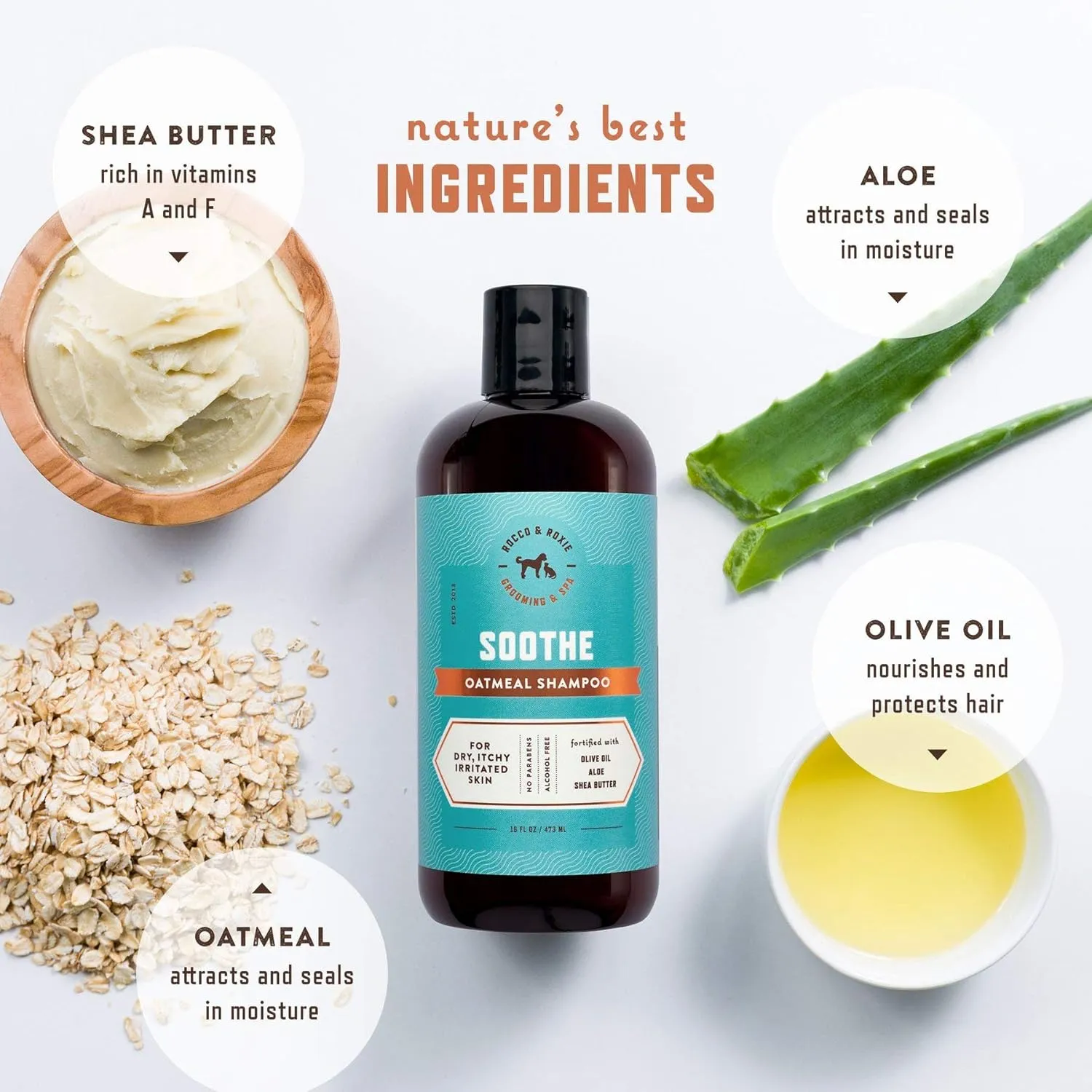 Rocco & Roxie Supply Co. Dog Shampoo and Conditioner - Soothe Oatmeal Shampoo for Itch Relief, Calm Hypoallergenic Shampoo for Sensitive Skin, and Shine Argan Oil Pet Wash - Puppy Bathing Supplies