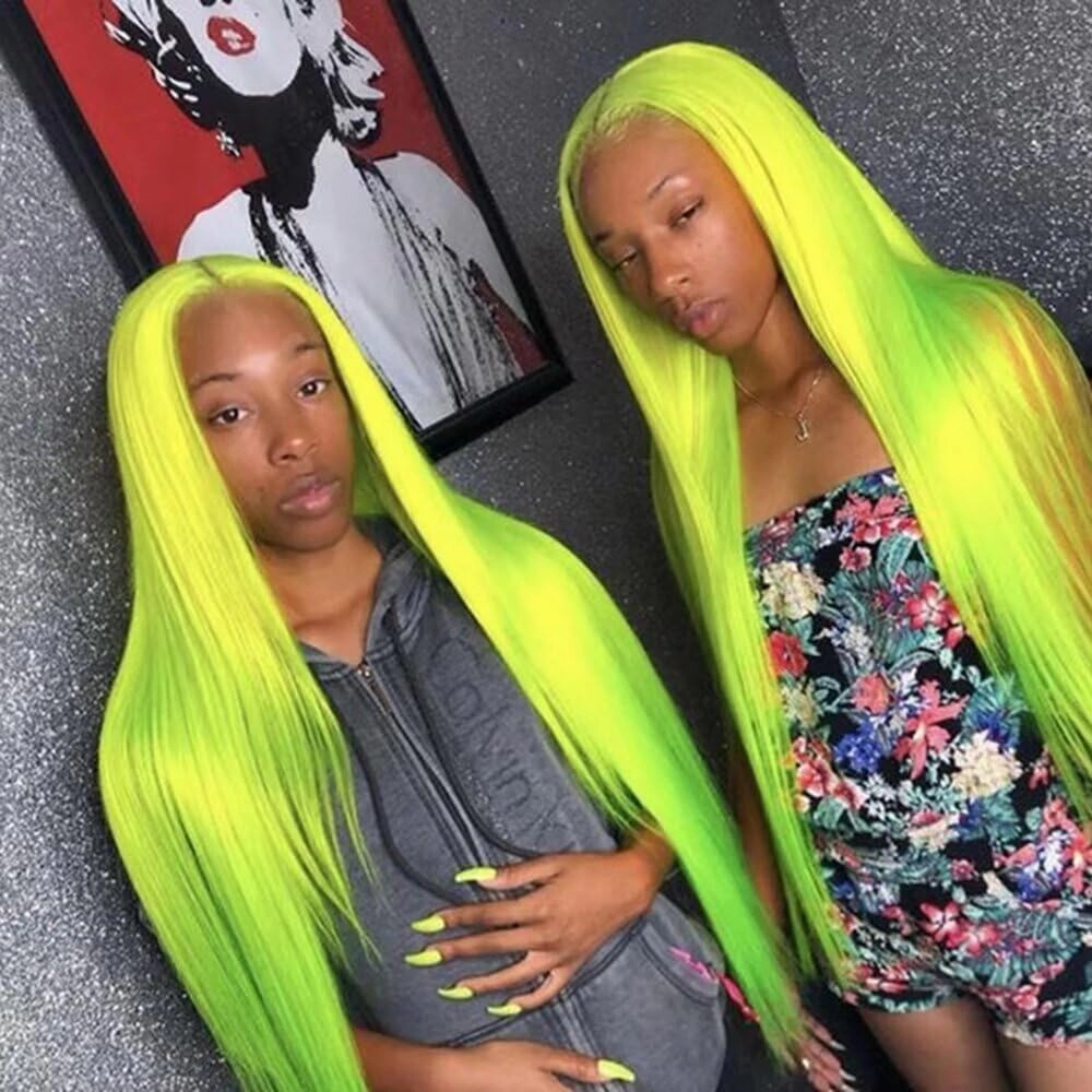 RONGDUOYI 13X6 Neon Green Lace Front Wigs for Women Long Silky Straight Synthetic Hair Glueless Natural Hairline Daily Use Cosplay Wig