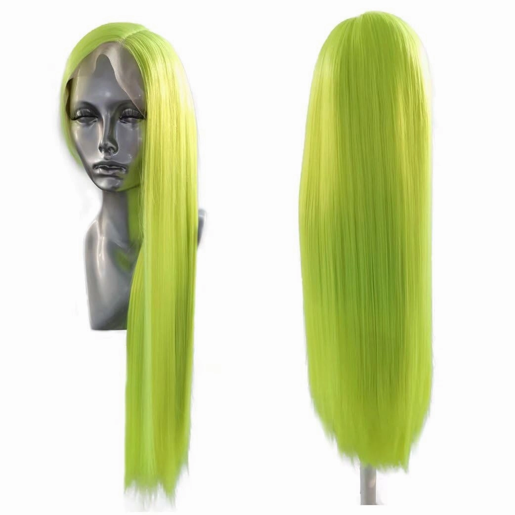 RONGDUOYI 13X6 Neon Green Lace Front Wigs for Women Long Silky Straight Synthetic Hair Glueless Natural Hairline Daily Use Cosplay Wig