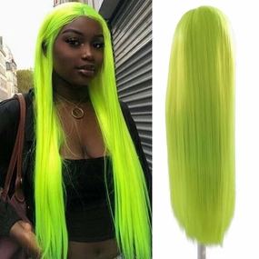 RONGDUOYI 13X6 Neon Green Lace Front Wigs for Women Long Silky Straight Synthetic Hair Glueless Natural Hairline Daily Use Cosplay Wig