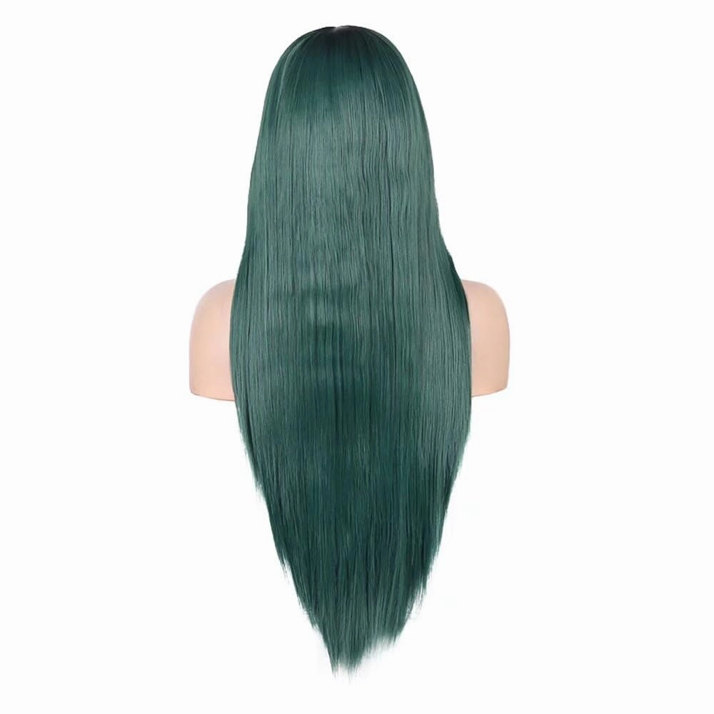 RONGDUOYI Black Roots Ombre Green Wig 13X6 Lace Front Wigs for Women Long Silky Straight Synthetic Hair Glueless Natural Hairline Daily Use Cosplay Wig