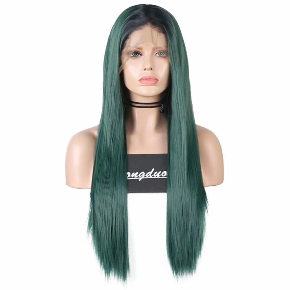 RONGDUOYI Black Roots Ombre Green Wig 13X6 Lace Front Wigs for Women Long Silky Straight Synthetic Hair Glueless Natural Hairline Daily Use Cosplay Wig