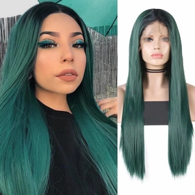 RONGDUOYI Black Roots Ombre Green Wig 13X6 Lace Front Wigs for Women Long Silky Straight Synthetic Hair Glueless Natural Hairline Daily Use Cosplay Wig