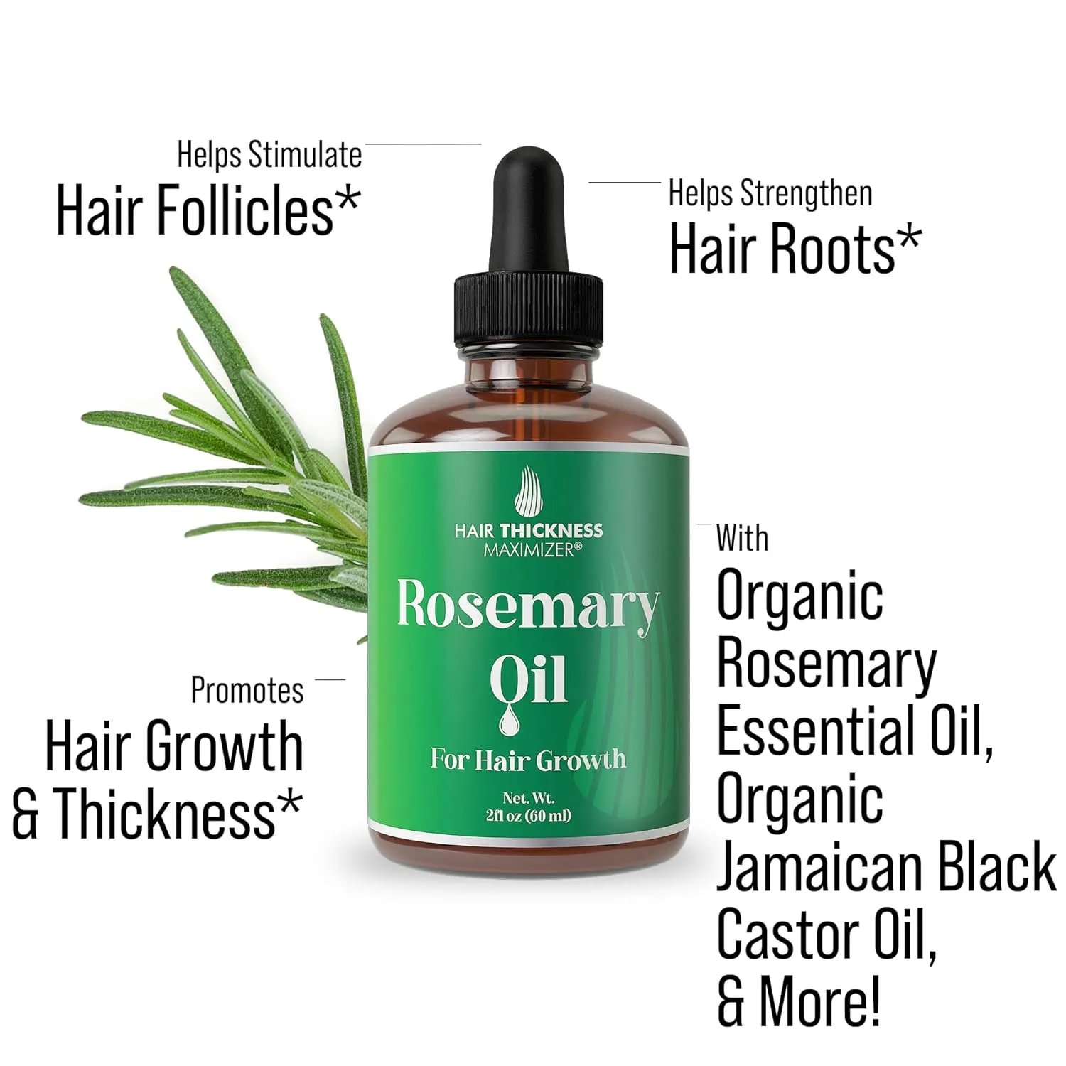 Rosemary Oil for Hair Growth for Men & Women – No Harsh Scent or Scalp Burn, Topical Treatment for Hair Loss, Boost Thickness & Regrowth with Jojoba, Jamaican Black Castor & Peppermint Oil, 2oz