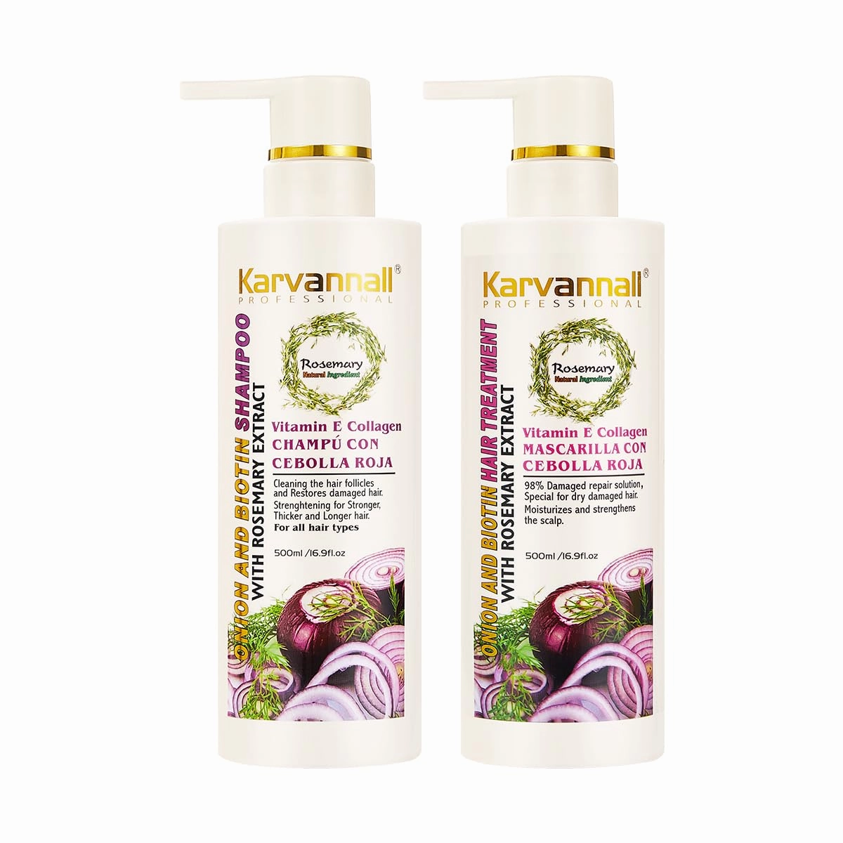 Rosemary Biotin Anti-Hairfall Shampoo and Treatment Set With Onion Extract, Vitamin E Collagen, 98% Repair Solution for Dry-Damaged Hair, Paraben-Free, All Hair Types, 16.9 fl oz, 2-Pack
