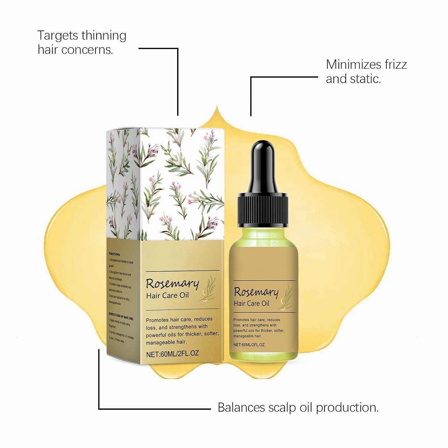 Rosemary Hair Growth Oil, 60ML Moisturizing & Fluffing Hair Serum with Scalp Care Essential Oil Promotes Growth, Hydrates & Nourishes (3PC)