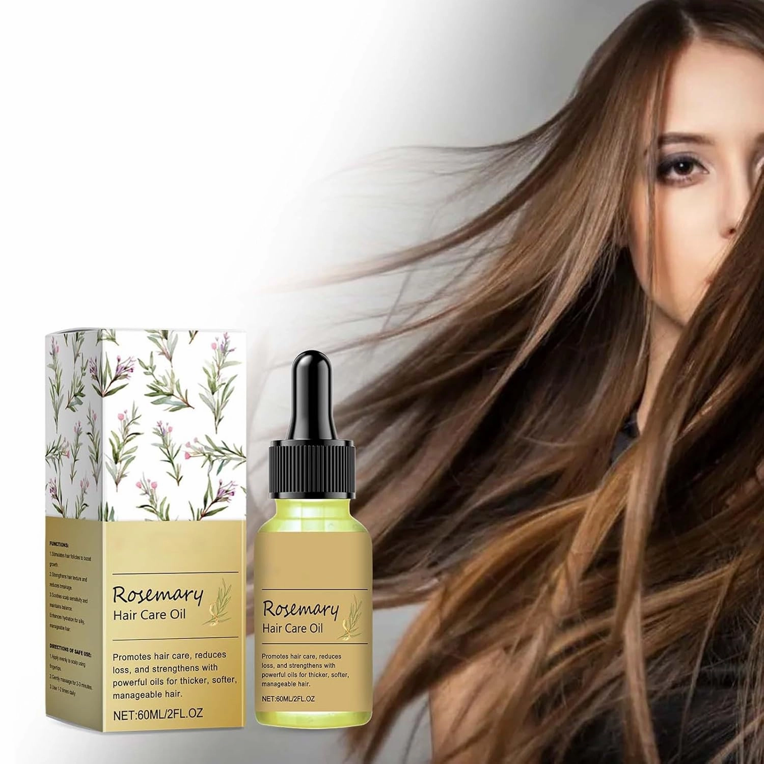 Rosemary Hair Growth Oil, 60ML Moisturizing & Fluffing Hair Serum with Scalp Care Essential Oil Promotes Growth, Hydrates & Nourishes (3PC)