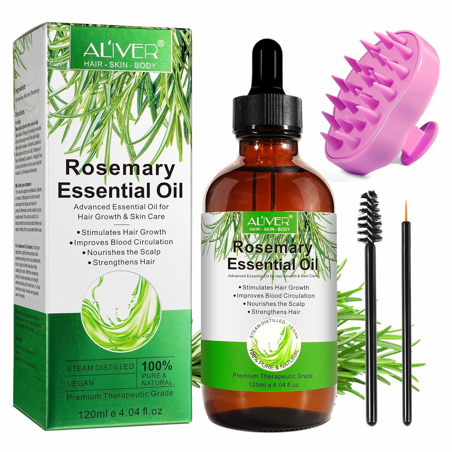 Rosemary Oil for Hair Growth 4.04 Fl Oz with Scalp Massager, Pure Rosemary Essential Oil for Eyelashs, Eyebrows, Face, Skin Care, Body Massage, Nourishes The Scalp, Improve Blood Circulation