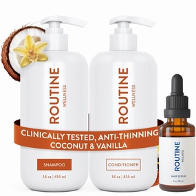 Routine Wellness Shampoo and Conditioner Set and Hair Serum for Thinning Hair - DHT Blocker Women & Men - Color Safe Shampoo for Hair Loss & Healthier Hair - Coconut & Vanilla Set   Serum