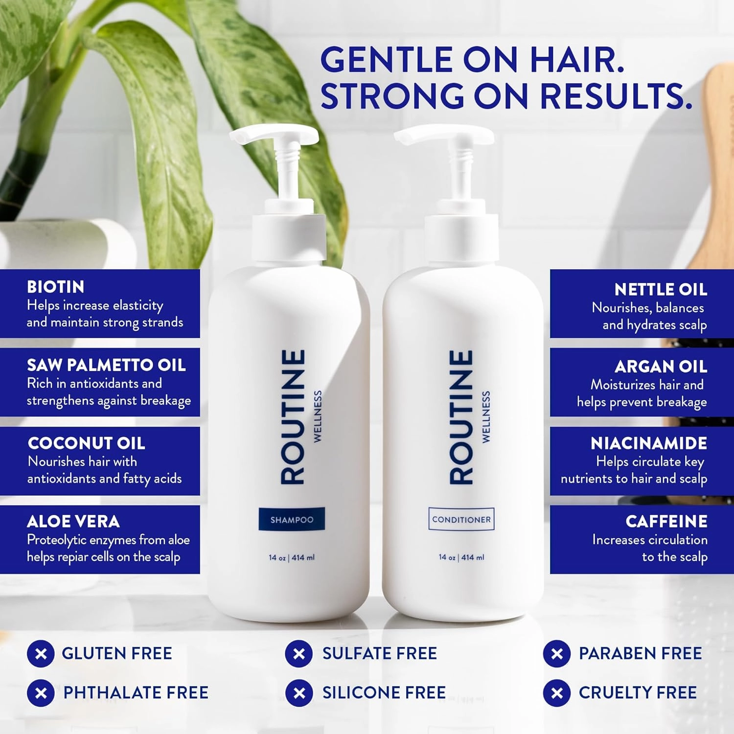 Routine Wellness Shampoo and Conditioner Set and Hair Serum for Thinning Hair - DHT Blocker Women & Men - Color Safe Shampoo for Hair Loss & Healthier Hair - Coconut & Vanilla Set   Serum